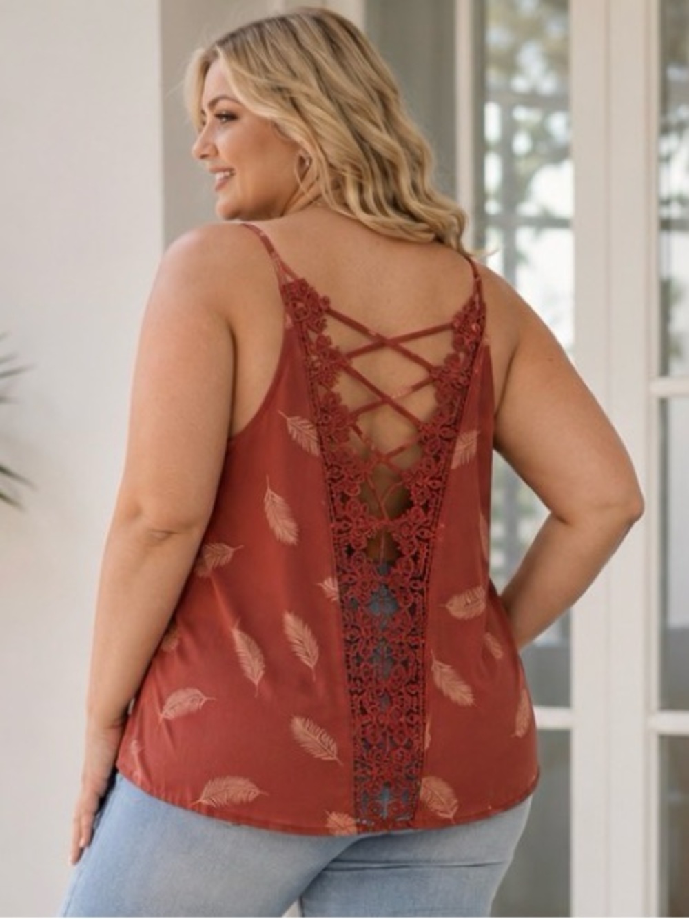 Kismet Feather-Print Lace-Back Cami - Rust